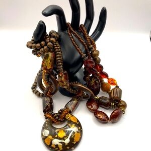 2 Elegant Brown and Gold-Tone Wood & Acrylic Beaded Necklaces
